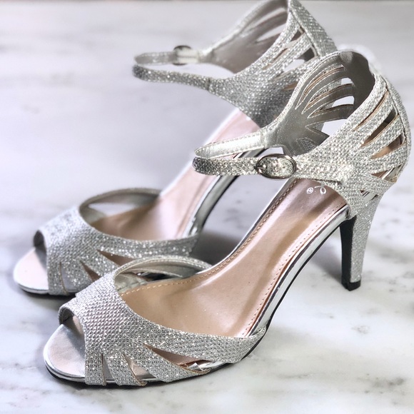 Qupid Shoes - Silver Sparkly Glamorous Special Occasion Heels